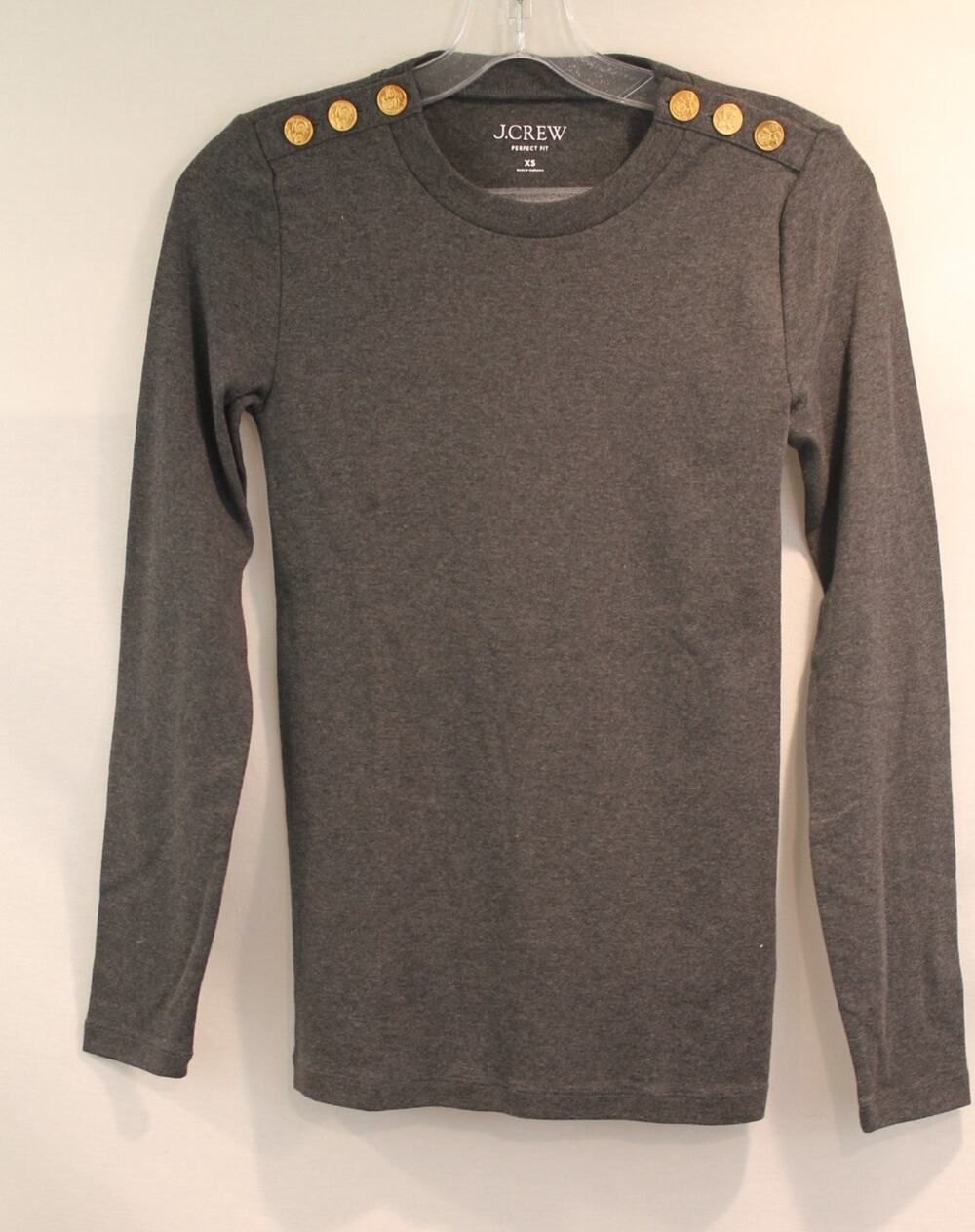 J Crew Perfect Fit Knit T-shirt Top Womens size XS Gray Gold Shoulder Buttons